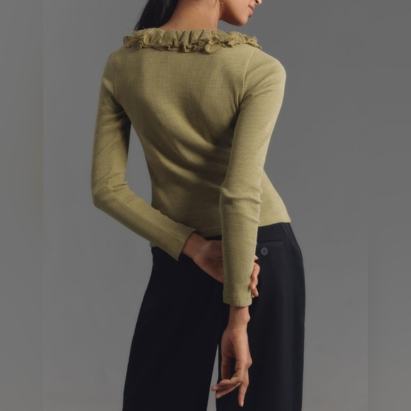 Olive Green By Anthropologie Ruffled Lace Frilly Cardigan Top XXS - Picture 3 of 9